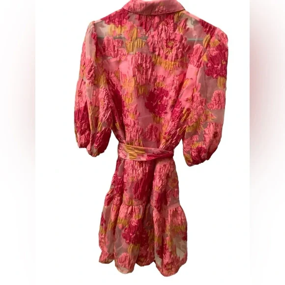 YH & CO PINK FLORAL MINI DRESS WITH PUFFY SLEEVES. SIZE 14/XL - Picture 12 of 16